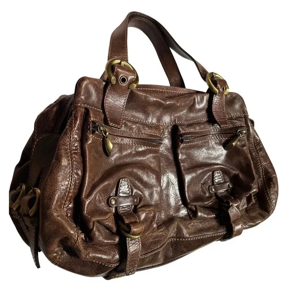 Francesco Biasia Leather Handbag Weathered Chocolate Brown Brass Hardware